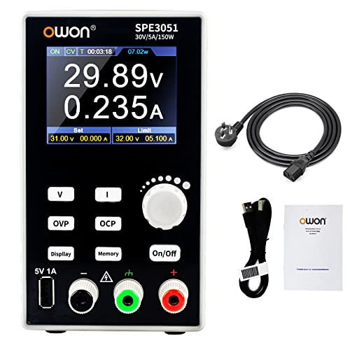 OWON SPE3051 Programmierbares DC Netzteil, 150 W, 30 V/5 A, hochpräziser 4 stelliger Mehrfachschutz, 2,8 Zoll TFT LCD Display mit USB Anschluss, unterstützt SCPI Labornetzteil von OWON