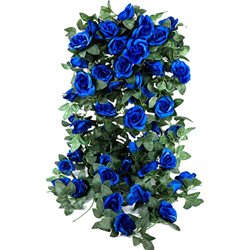 Künstliche Blumen, Girlande, Kunstblumen, Rosenranke, lebensechte Seide, dekorative Wandbehang, für Hochzeit, Fußbogen, Tür, Arrangement, Party, Garten, Zuhause, Schlafzimmer, Büro, Blau, 4 Stück von OWPFJG
