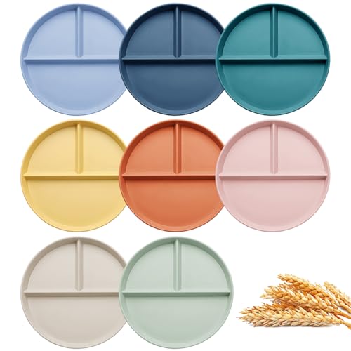 OWill 8 Stück Kinderteller mit Unterteilung, 23 cm Geteilte Teller mit Unterteilung, 3 Fächern Geteilte Platte Speiseteller Teller Sets, Wiederverwendbar Portionsteller für Kinder und Erwachsene von OWill