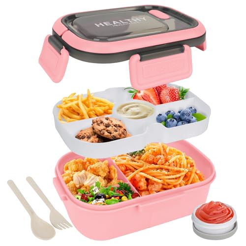 OWill Lunchbox,brotdose mit fächern 1200ml,lunchbox erwachsene mit griff,bento box mit soßentopf und Besteckset,lunchbox kinder,jausenbox erwachsene kinder,mikrowellen und spülmaschinenfest,Rosa von OWill