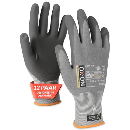 OX-ON FLEXIBLE ADVANCED 1907 Arbeitshandschuhe Gr.10 I 12 Paar Montagehandschuhe mit ESD-Zertifizierung & Nitrilschaumbeschichtung I Flexibel & mit Touch-Funktion I EN Zertifizierung I Grau von OX-ON