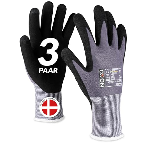 OX-ON FLEXIBLE SUPREME 1600 Arbeitshandschuhe Gr.8 I 3 Paar atmungsaktive Schutzhandschuhe mit Nitrilbeschichtung I Mechanikerhandschuhe mit hohem Tastgefühl & Grip I EN Zertifizierung von OX-ON DESIGNED TO PROTECT