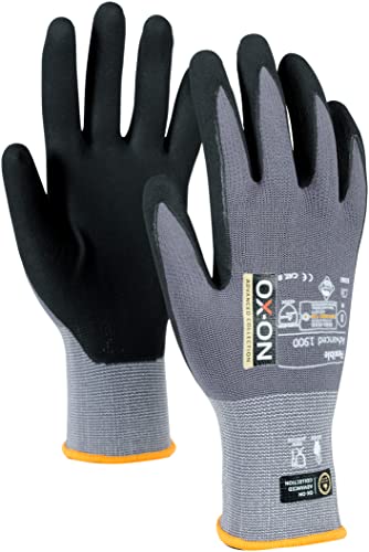 OX-ON Flexible Advanced 1900 Arbeitshandschuhe Gr.7 I 12 Paar Schutzhandschuhe mit Touch-Funktion & Nitrilschaumbeschichtung I Graue Mechanikerhandschuhe für einen präzisen Griff I EN Zertifizierung von OX-ON DESIGNED TO PROTECT