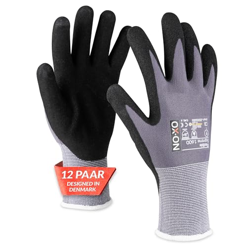 OX-ON FLEXIBLE SUPREME 1600 Arbeitshandschuhe Gr.13 I 12 Paar atmungsaktive Schutzhandschuhe mit Nitrilbeschichtung I Graue Mechanikerhandschuhe mit hohem Tastgefühl & Grip I EN Zertifizierung von OX-ON