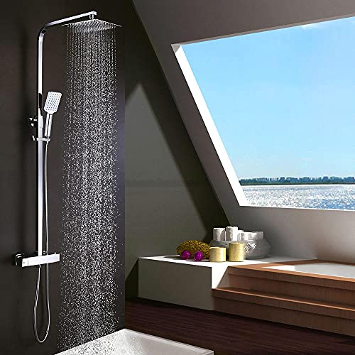 Duschsäule mit Thermostat, extra flach, quadratisches Design, höhenverstellbar von 80 bis 120 cm, mit Wasserhahn, 20 x 20 cm und quadratischem Duschgriff, verchromt, glänzende Oberfläche von OXEN