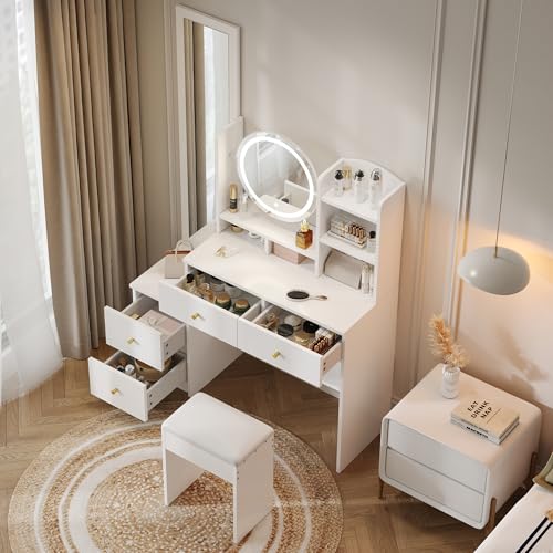 OXENKA 4-in-1 Moderner Schminktisch,Frisiertisch mit Ganzkörperspiegel und Drehbarem Tischspiegel,Kosmetiktisch mit Hocker,3 Farben LED-Beleuchtung,Metallgriff, Weiß von OXENKA