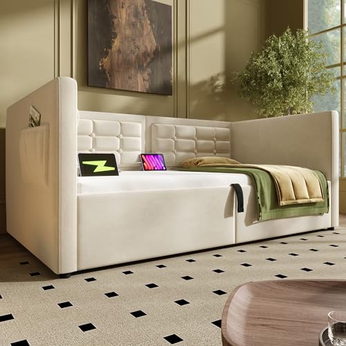 OXENKA Einzelbett Schlafsofa,Polstertes Sofabett mit Hydraulischem Stauraum und USB & Type-C Ladestation, Gästebett mit Holzlattenrost, Samt, Ohne Matratze. (Beige, 90x200cm) von OXENKA