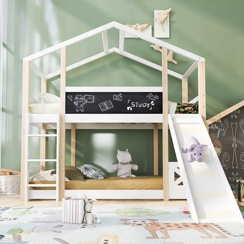OXENKA Kinderbett Baumhaus,90x200cm Etagenbett Kinderbett mit Lattenros,Rausfallschutz und Kinderbettgitter,Kinderhochbett Ohne Matratze-Natur & Weiß (Leitern und Rutschen) von OXENKA