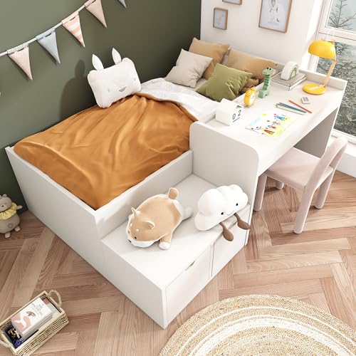 OXENKA Kinderbett mit Stauraum,90x200cm Massiveholz Einzelbett mit Schreibtisch und Schubladen, Kinder Hochbett Stauraumbett mit Lattenrost für Jungen & Mädchen，Ohne Stühlen & Matratze von OXENKA