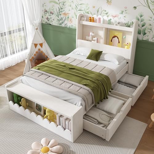 OXENKA Kinderbett mit Stauraum,Einzelbetten mit Schubladen,Regal und Sitzbank,Holz-Jugendbett mit Bettgestell und Lattenrost,Weiß mit Eichefarben,Ohne Matratz (90x190cm) von OXENKA