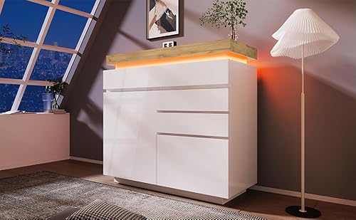 OXENKA Kommode, Hochglanz Sideboard mit 2 Türen und 3 Schubladen, LED Beleuchtung (App Control), Wohnzimmer und Schlafzimmer Sideboard,Platz Sparen (Weiß, 115 x 110 x 39 cm) von OXENKA