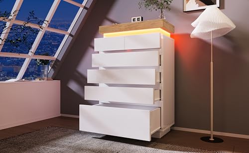 OXENKA Kommode, Hochglanz Sideboard mit 2 Türen und 3 Schubladen, LED Beleuchtung (App Control), Wohnzimmer und Schlafzimmer Sideboard,Platz Sparen (Weiß, 115 x 73 x 39 cm) von OXENKA