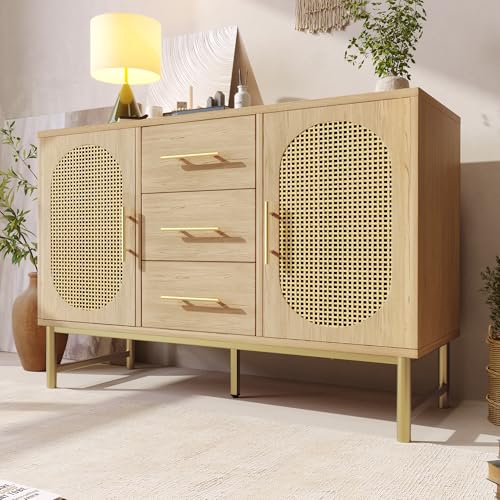 OXENKA Kommode Sideboard,Schminktisch mit 3-Schubladen und 2-Rattan-Türer,Rattan Kleiderschrank mit Verstellbare Regale, Kippschutz für Schlafzimmer und Wohnzimmer,120 x 40 x 74 cm, Sonoma Eich von OXENKA