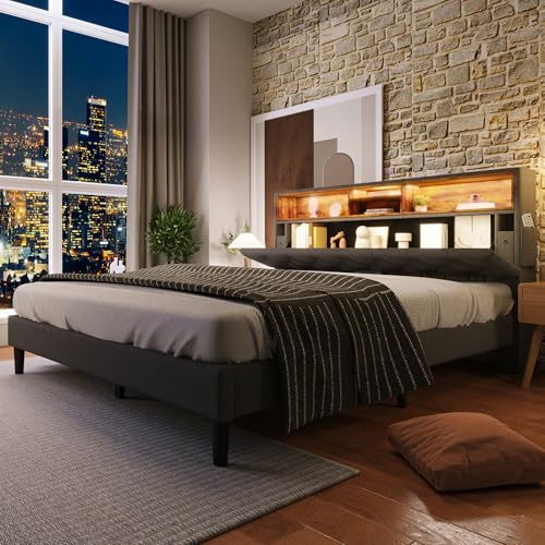 OXENKA Polsterbett Doppelbett Stauraum-Kopfteil Bett mit LED-Beleuchtung Bettgestell Lattenrost aus Holz,Kein Boxspring erforderlich,platzsparend und bequem zu nutzen,140 * 200CM Grau(Ohne Matratze) von OXENKA