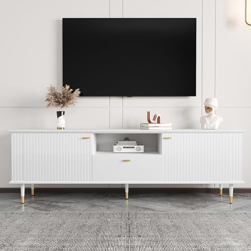 OXENKA TV-Unterschrank,Einfaches Design,Modern TV-Cabinet mit Offenen Fächern und Schubladen,Fernsehtisch mit Soft-Close-Scharniere,Lackierte Strukturoberfläche (Weiß) von OXENKA