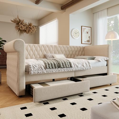 OXENKA Vintage Sofabett mit Stauraum, 90x200cm Schlafsofa Einzelbett mit 2 Stauraum Schubladen, Stauraumbett mit Lattenrost aus Holz, Linen,Ohne Matratze (Beige) von OXENKA