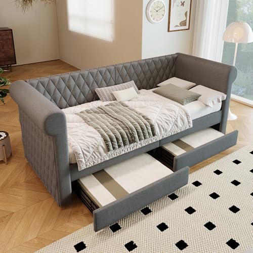 OXENKA Vintage Sofabett mit Stauraum, 90x200cm Schlafsofa Einzelbett mit 2 Stauraum Schubladen, Stauraumbett mit Lattenrost aus Holz, Linen,Ohne Matratze (Grau) von OXENKA