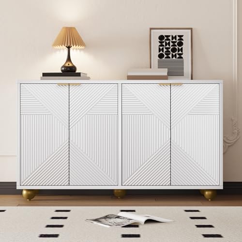 Sideboard Aufbewahrungsschrank, Moderne Anrichte mit 4 Geformten Türen, Verstellbare Innenböden, Metallgriffe & Kugelförmige Metallbeine, Beistellschrank für Esszimmer, Wohnzimmer, Küche, Flur (Weiß) Sideboard Aufbewahrungsschrank, Moderne Anrichte mit 4 Geformten Türen, Verstellbare Innenböden, Metallgriffe & Kugelförmige Metallbeine, Beistellschrank für Esszimmer, Wohnzimmer, Küche, Flur (Weiß) von OXENKA