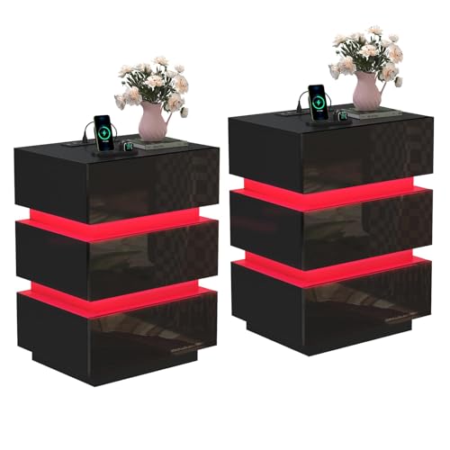 OXFENSEE LED-Nachttisch, Nachttisch, Beistelltisch mit 3 Schubladen, Hochglanz, 16 Farben, LED-Leuchten für Schlafzimmer (Schwarz x 2, 45 x 35 x 61 cm) von OXFENSEE