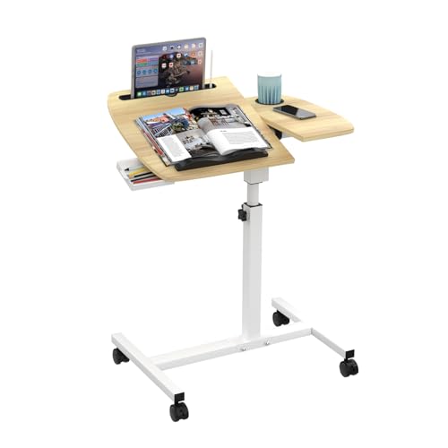 OXFENSEE Laptoptisch Höhenverstellbar Winkeleinstellbarer, Computertisch Klein, Mobiler Beistelltisch mit Rollen, mit Tablet-Schlitz, Becher Schlitz, Kleine Schublade, 60x40x59-89cm, Holzfarbe von OXFENSEE