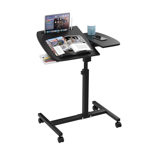 OXFENSEE Laptoptisch Höhenverstellbar Winkeleinstellbarer, Computertisch Klein, Mobiler Beistelltisch mit Rollen, mit Tablet-Schlitz, Becher Schlitz, Kleine Schublade, 60x40x59-89cm, Schwarz von OXFENSEE