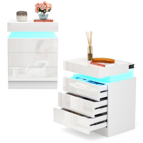 OXFENSEE Nachttisch Weiß 2er Set, Nachtschrank mit Led Licht, Nachtkommode mit 3 Schubladen und Versteckte Schiebeschränke für Wohnzimmer, Schlafzimmer (Weiß, 40x35x61cm) von OXFENSEE