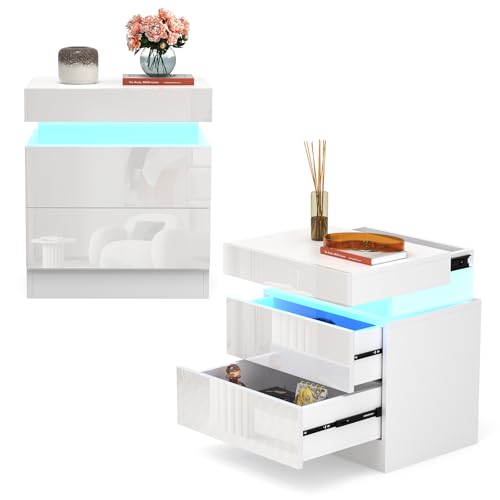OXFENSEE Nachttisch 2er Set, Nachtschrank mit Led Licht, Nachtkommode mit 2 Schubladen und Schränke mit Klappdeckel (Weiß, 40x35x52cm) von OXFENSEE