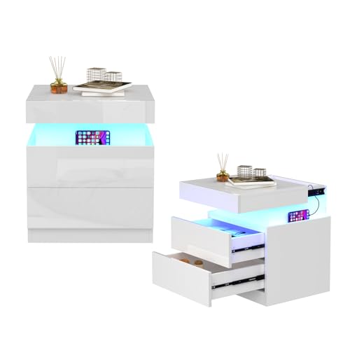 OXFENSEE Nachttisch 2er Set mit Steckdose, Nachtschrank mit Led Licht, 2 AC-Steckdosen, 2 USB Nachtkommode mit 2 Schubladen und Versteckte Schiebeschränke für Wohnzimmer(Weiß 2er Set, 45x40x52cm) von OXFENSEE