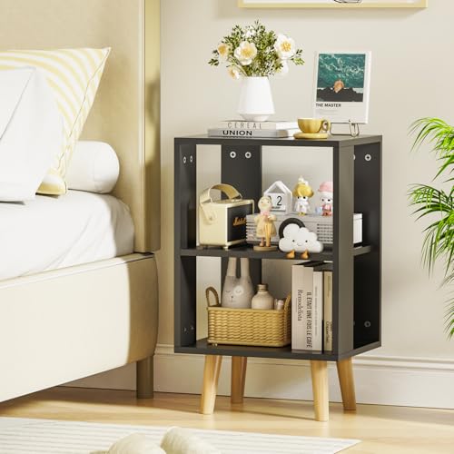 OXFENSEE Nachttisch Schwarz Beistelltisch Nachttisch mit LED 2-Stufiger Nachttische Sofatisch mit Offenem Regal für Schlafzimmer Wohnzimmer Kleine Räume(Schwarz, 40x30x64cm) von OXFENSEE