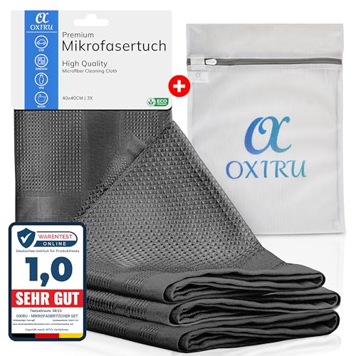 OXIRU® Mikrofasertücher 40x40 Set - Premium Geschirrtücher Mikrofaser, Streifenfreie Fenstertücher, Hochglanzfronten Tücher, Glastücher und Auto Microfasertücher von OXIRU