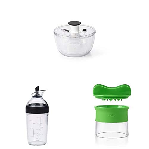 OXO Good Grips Salat- und Kräuterschleuder, transparent, 20cm x 20cm x 17cm Good Grips Kleiner Salatdressing-Shaker, Schwarz, 250ml Good Grips Hand-Spiralschneider von OXO