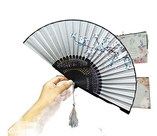 Fan Handfächer Faltfächer Neuer Vintage-Faltfächer Chinesischer Stil Tuch Bambus Blumenbedruckter Fächer mit Quasten-Tanzaufführung Dekoration von OXOAMP