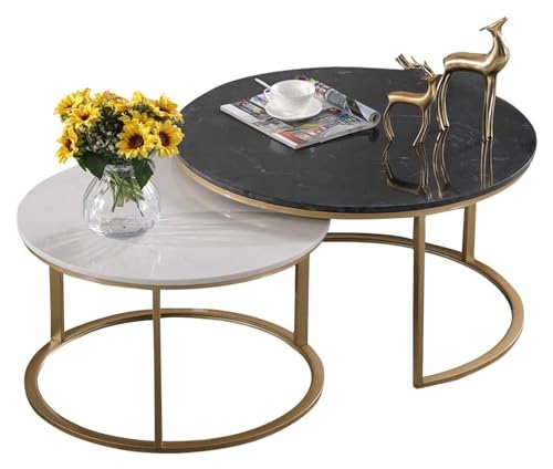 OXOAMP Beistelltische 2er-Set Tee-Couchtisch, runde Satztische, Cocktail-Beistelltisch mit nordischer Marmorplatte, mit stabilem geometrischem Metallrahmen(70+55cm) von OXOAMP