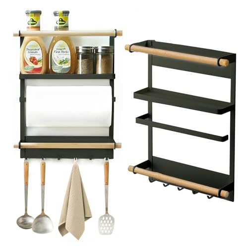OXTXO Magnetisches Gewürzregal für den Kühlschrank – 3-stufiges Regal mit 6 Haken, Holzdesign – Küchenregal für Gewürze, Handtücher, Gläser & Küchenrolle (schwarz) von OXTXO