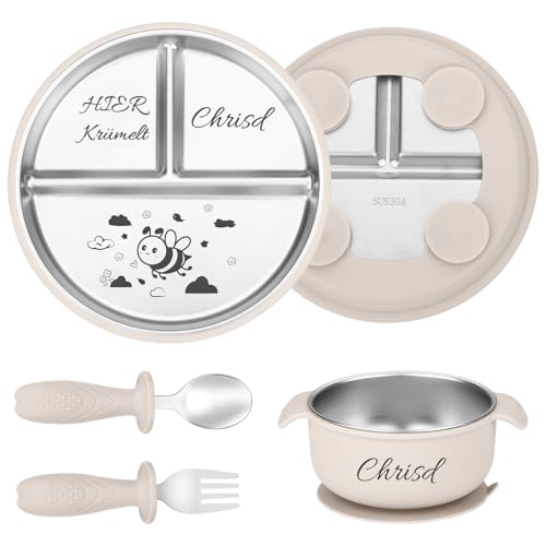 OXYEFEI Personalisierter Babyteller mit Saugnapf, Edelstahl Teller Baby mit Namen Beikost Baby Zubehör Personalisierte Geburtstags und Taufgeschenke (Beige) von OXYEFEI
