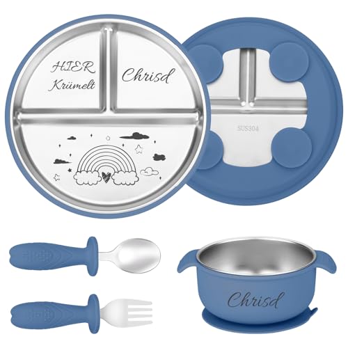 OXYEFEI Personalisierter Babyteller mit Saugnapf, Edelstahl Teller Baby mit Namen Beikost Baby Zubehör Personalisierte Geburtstags und Taufgeschenke (Dunkelblau) von OXYEFEI