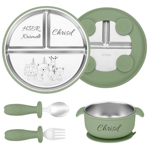 OXYEFEI Personalisierter Babyteller mit Saugnapf, Edelstahl Teller Baby mit Namen Beikost Baby Zubehör Personalisierte Geburtstags und Taufgeschenke (Dunkelgrün) von OXYEFEI