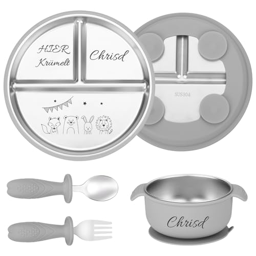 OXYEFEI Personalisierter Babyteller mit Saugnapf, Edelstahl Teller Baby mit Namen Beikost Baby Zubehör Personalisierte Geburtstags und Taufgeschenke (Grau) von OXYEFEI