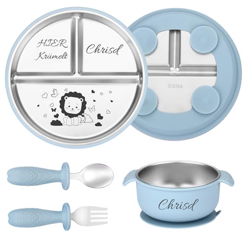 OXYEFEI Personalisierter Babyteller mit Saugnapf, Edelstahl Teller Baby mit Namen Beikost Baby Zubehör Personalisierte Geburtstags und Taufgeschenke (Hellblau) von OXYEFEI