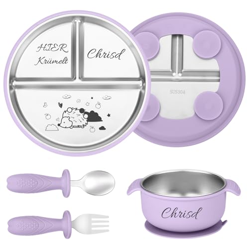 OXYEFEI Personalisierter Babyteller mit Saugnapf, Edelstahl Teller Baby mit Namen Beikost Baby Zubehör Personalisierte Geburtstags und Taufgeschenke (Lila) von OXYEFEI