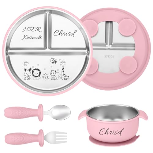 OXYEFEI Personalisierter Babyteller mit Saugnapf, Edelstahl Teller Baby mit Namen Beikost Baby Zubehör Personalisierte Geburtstags und Taufgeschenke (Rosa) von OXYEFEI