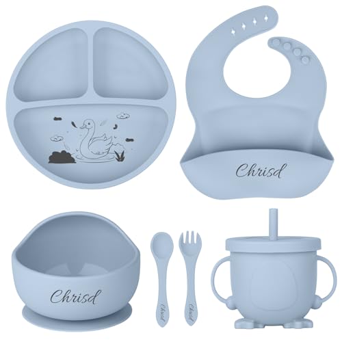 OXYEFEI Personalisierter Babyteller mit Saugnapf, Silikon Teller Baby mit Namen Beikost Baby Zubehör Personalisierte Geschenk Taufe Mädchen,Junge (Blau) von OXYEFEI