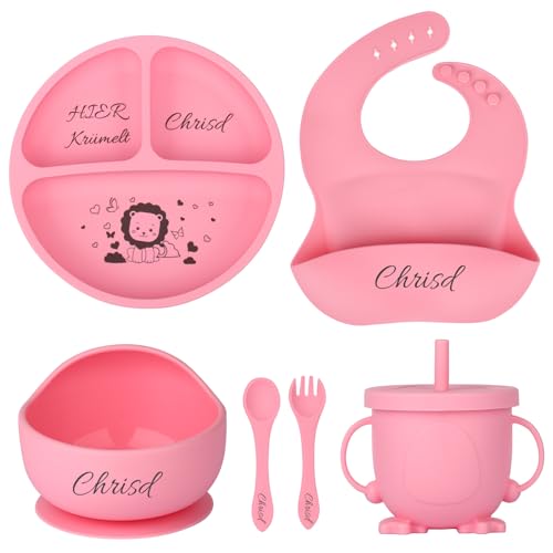OXYEFEI Personalisierter Babyteller mit Saugnapf, Silikon Teller Baby mit Namen Beikost Baby Zubehör Personalisierte Geschenk Taufe Mädchen,Junge (Rosa) von OXYEFEI