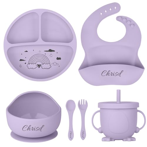 OXYEFEI Personalisierter Babyteller mit Saugnapf, Silikon Teller Baby mit Namen Beikost Baby Zubehör Personalisierte Geschenk Taufe Mädchen,Junge (Violett) von OXYEFEI