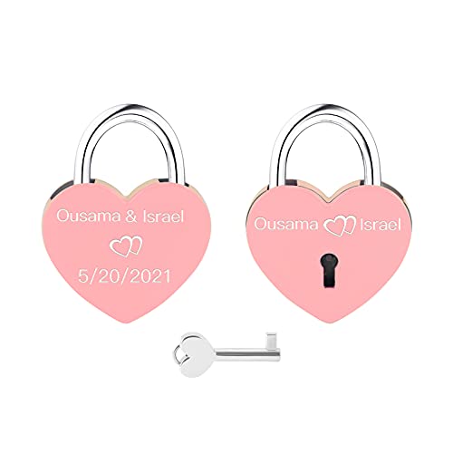 Personalisierte Herzförmige Sperre, OXYEFEI Angepasst Gravur Bild Foto Name Datum Schloss mit Einem Schlüssel (Rosa-3) von OXYEFEI