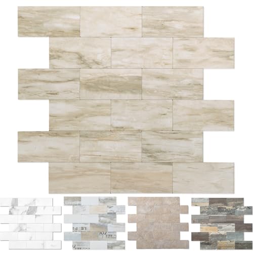 OYASIMI OYASIMI 3d Selbstklebende Wandfliesen Küche,Matte Marmor Mosaikfliesen Selbstklebend Steinoptik Metro Fliesen Ziegel Wandaufkleber Bad Wasserdichte (5pcs 30.5 x 30.5cm, Slate Beige) von OYASIMI