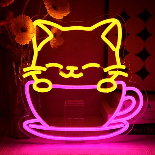 OYCGZV Kaffee Katze Neon Schild Becher Cat Led Neon Schild Wand Tee Katze Neon Sign Cat Led Schild für Kaffeehaus Bar Resturant Wohnzimmer Schlafzimmer Küche Bar Party Home Store Geschenke von OYCGZV