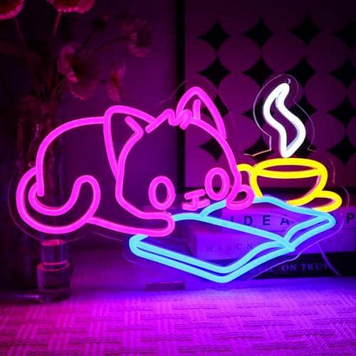 OYCGZV Lesende Katze Neon Schild Niedliches Tier Led Neonschild Wand Kaffee Cat Neon Sign USB Led Schild für Kaffee Bar Resturant Schlafzimmer Klassenzimmer Leseecke Buchclub Party Deko von OYCGZV