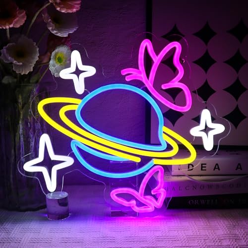 OYCGZV Planet Neon Schild Schmetterlinge Led Neonschild Wand Schmetterling Neon Sign USB Stern Led Schild für Schlafzimmer Wohnzimmer Bar Game Zone Club Party Ästhetische Heimdekoration von OYCGZV