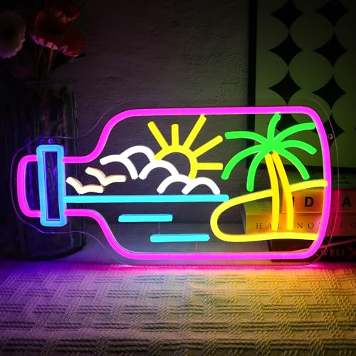 OYCGZV Strandflasche Neon Schild Tropische Palme Led Neonschild Wand Strand Neon Sign USB Led Schild für Schlafzimmer Bier Bar Cafe Club Geschäftlich Zuhause Kneipe Männerhöhle Party Hotel Dekor von OYCGZV